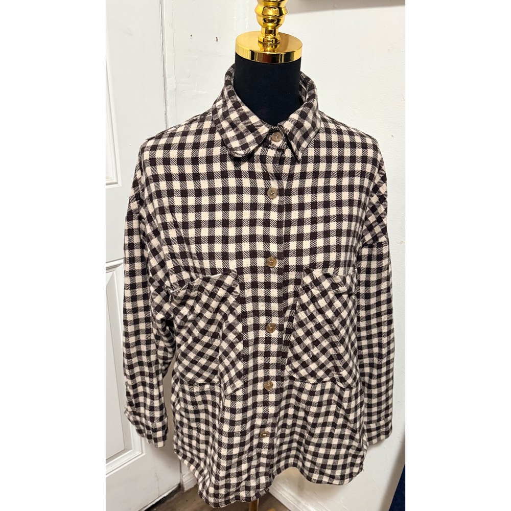 Miss Love Womens Brown Cream Gingham Plaid Oversized Flannel Shacket Size M 0234